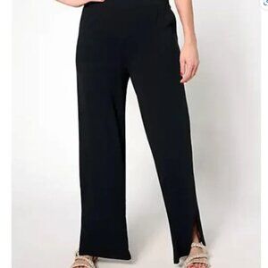 Denim & Co. Beach Jersey Petite Wide Leg Pant with Slits - Black - Petite